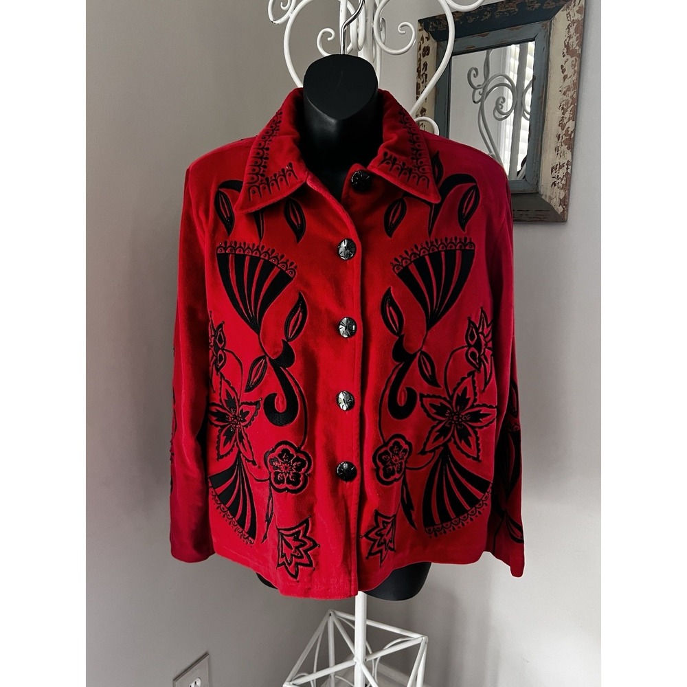 Vintage Allure Petite Red Embroidered Floral Velvet Button Up Jacket Med PM
